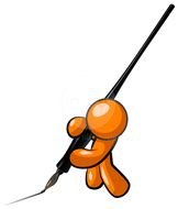 orange man writes with pen