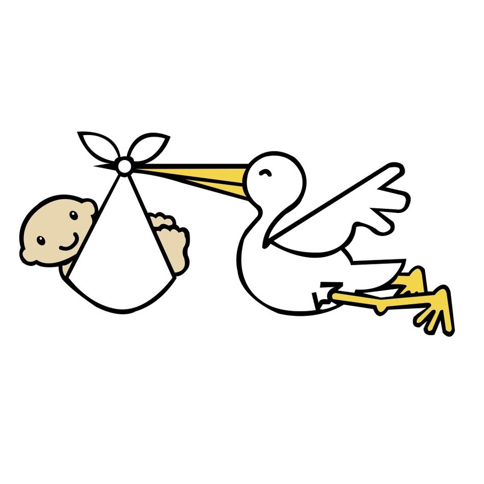 drawn stork with a baby in its beak on a white background