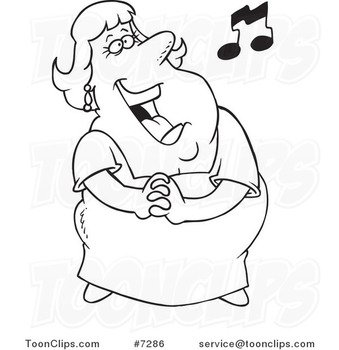 Cartoon Black And White Line Drawing Of A Fat Lady Singing 7286 By
