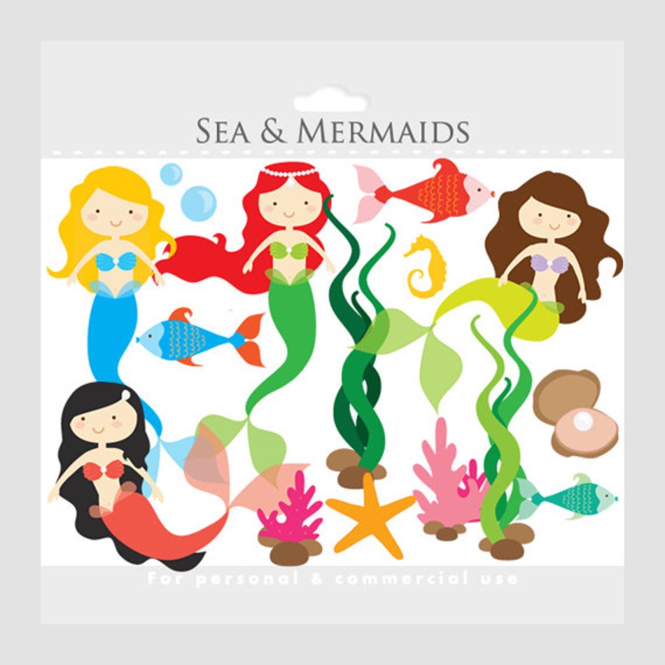 Mermaid Mermaids Little Sea Ocean Fish Seaweed clipart