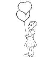 drawn girl with balloons in the shape of a heart