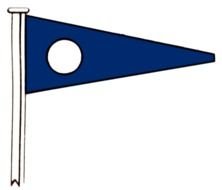 blue and white pennant on pole, drawing