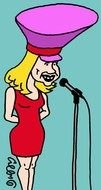 funny drawing of a blonde girl in a red dress on stage