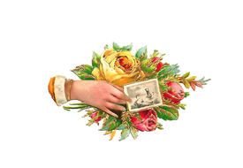 drawn bouquet of roses and a card in hand