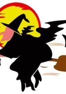 drawing of a witch flying on a broomstick against the background of the moon