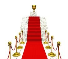 golden cup at top of stairs covered with red carpet, render