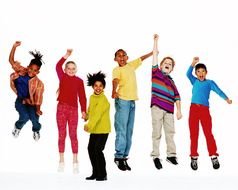 photo of jumping children in colorful clothes