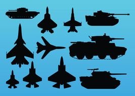 silhouettes of military equipment on a blue background