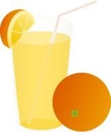 drawn ripe orange and orange juice in a glass with a straw