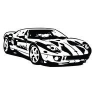 black and white drawing of a sports car on a white background