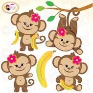 Clipart Cute Girl Monkeys With Bananas Zoo Safari Sweet Digi