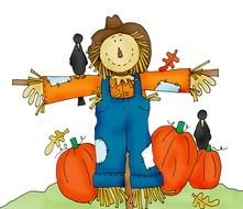 cartoon scarecrow among pumpkins as a picture for clipart