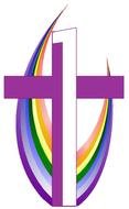 drawn purple cross on a rainbow background