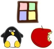 painted colorful window, penguin and a bitten apple