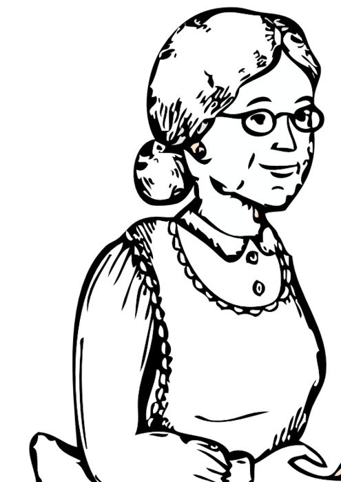 black and white drawing of cute grandmother in glasses