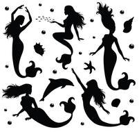 collage of black silhouettes of mermaids