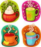 set of vintage stickers with cups of hot drinks