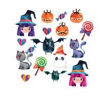 Halloween Decorations Digital Watercolor Witch Bat Cat Candy