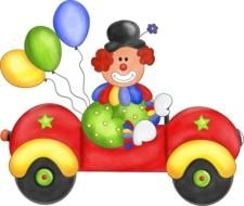 Colorful clown in the colorful flying car clipart