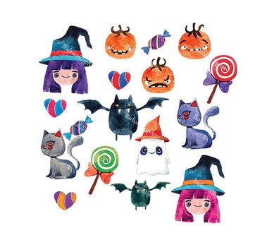 Halloween Decorations Digital Watercolor Witch Bat Cat Candy