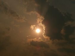 sun in dark cloudy sky, evening
