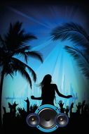 girl silhouette at a beach party with palms at colorful background