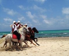 horses with riders running along the beach