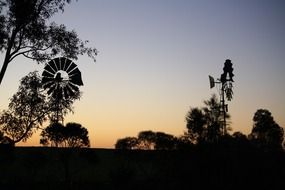 windmill silhouette between evening trees