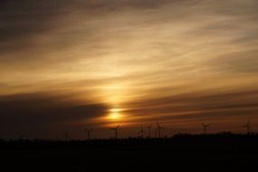 sunset over the silhouettes of wind turbines