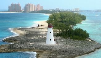aerial view of lighthouse is on the island