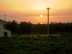pink sunset over strommast energy power line