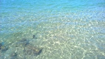calm clear sea water with stones at coast