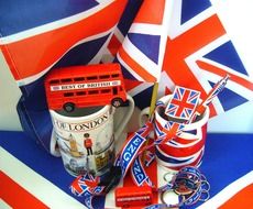 tourist souvenirs in London on the background of the English flag