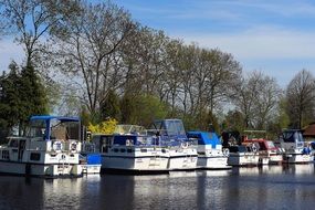 Boats on water surface trees aback