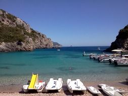 boats in bay on sea, greece, corfu