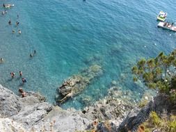 View from the cliff on the bathers on the beach in Calabria