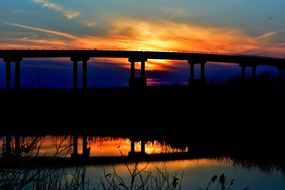 silhouettes of the bridge over the lake at sunset