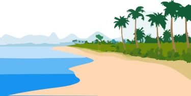 drawing of the sea coast with green palm trees