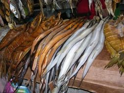 dried and smoked fish at market, ukraine