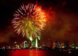 panorama of colorful fireworks over san diego