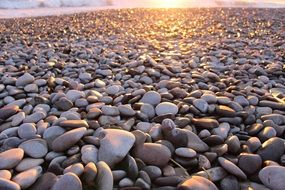 large pebbles on the beach under the rays of the summer sun