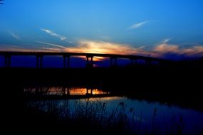 bridge sunset lake reflection scene