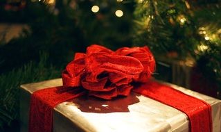 photo of christmas gift with red ribbon