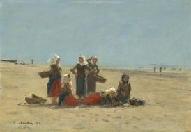 painting of women with baskets on sandy beach