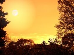 evening yellow sunset in the sky over a village