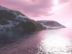 purple sunset over a mountain lake