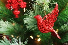 red christmas decor on branch closeup