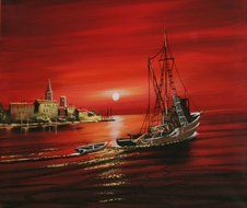 ships at sea under a red sky during sunset