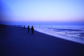 silhouettes of people looking at dawn on sea coast