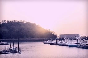harbor with boats at sunset, panama